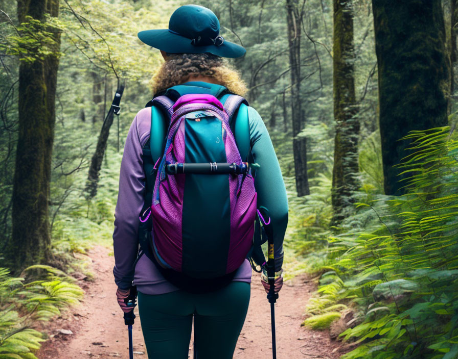 Hiker with Purple Backpack and Trekking Poles in Green Forest Trail