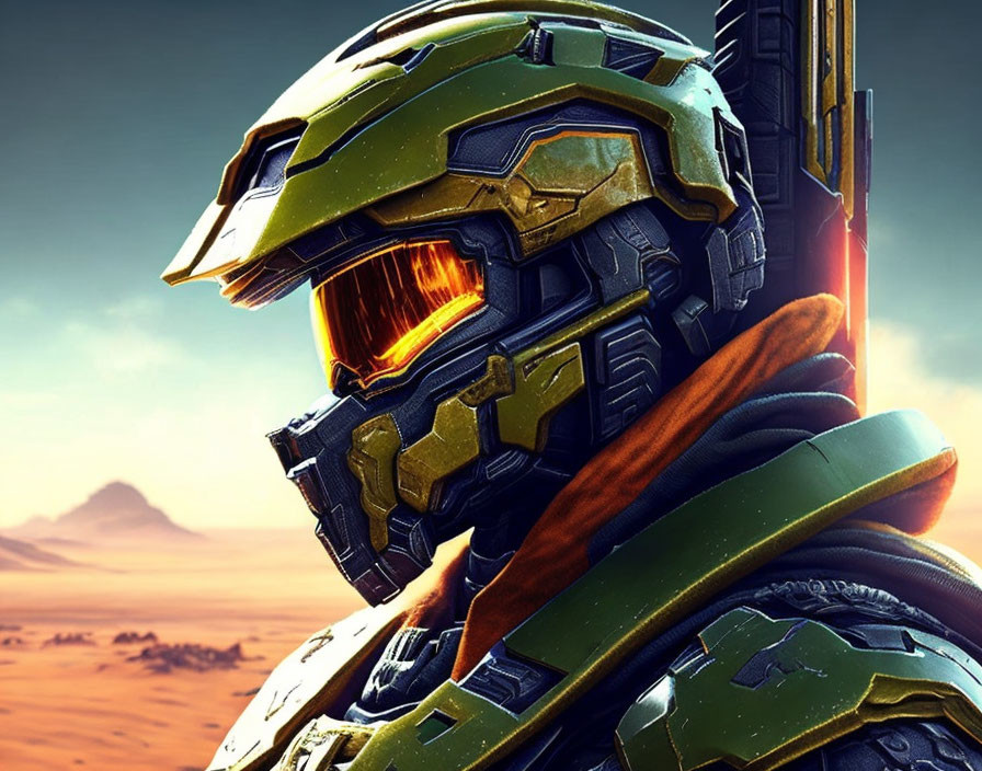 Master Chief in green armor with golden visor against desert backdrop