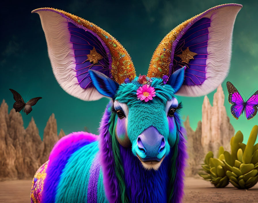 Colorful Fantasy Creature with Purple and Gold Ears in Desert Scene
