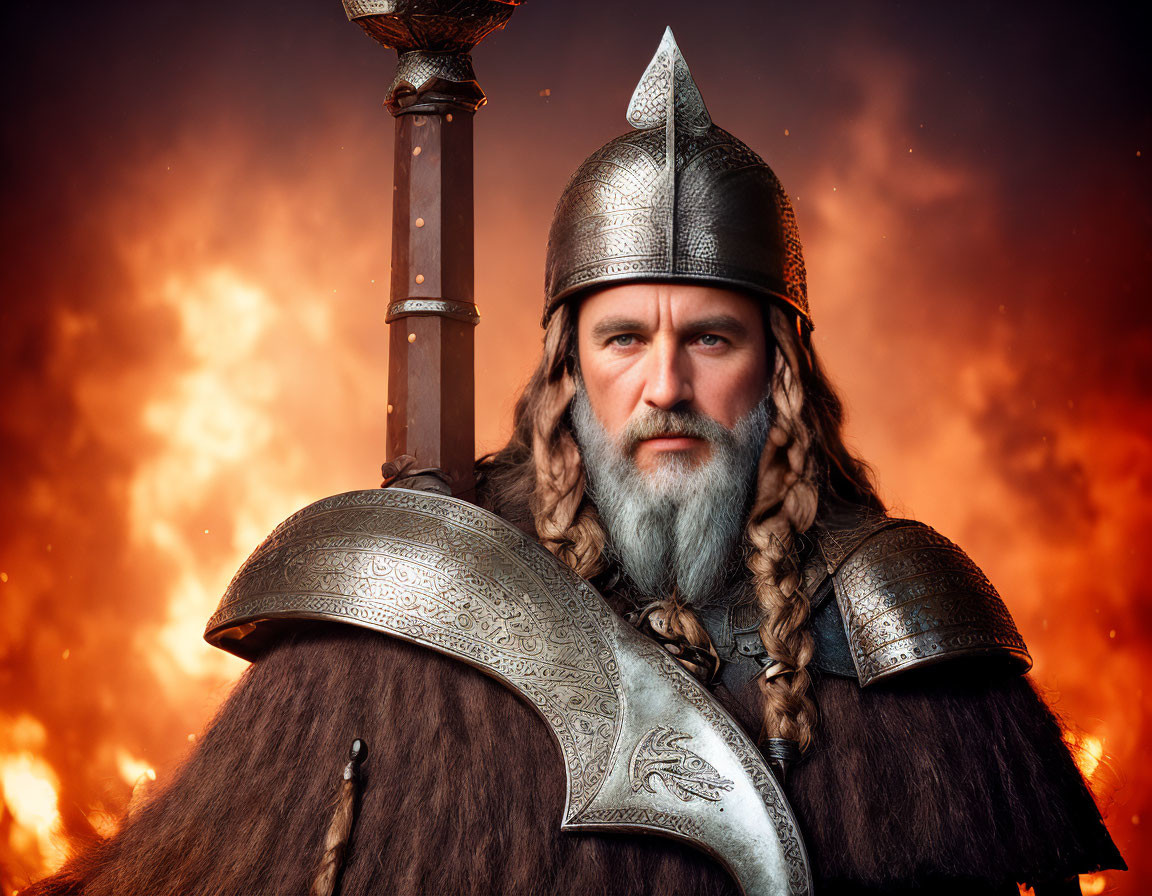 Warrior with braided beard in metal helmet and armor with sword against fiery backdrop