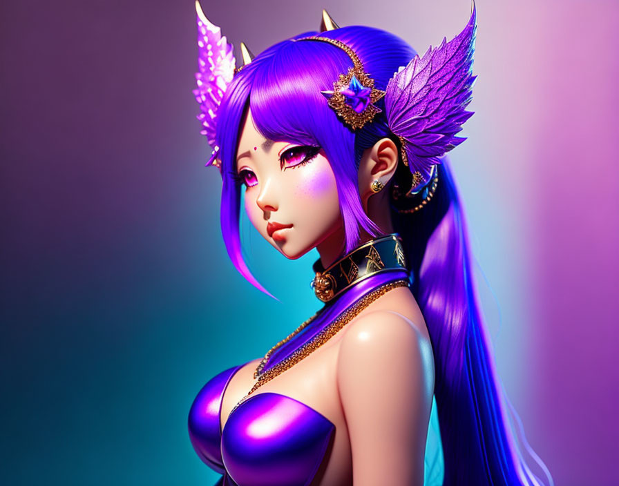 Fantastical female character with purple hair and elf-like ears.