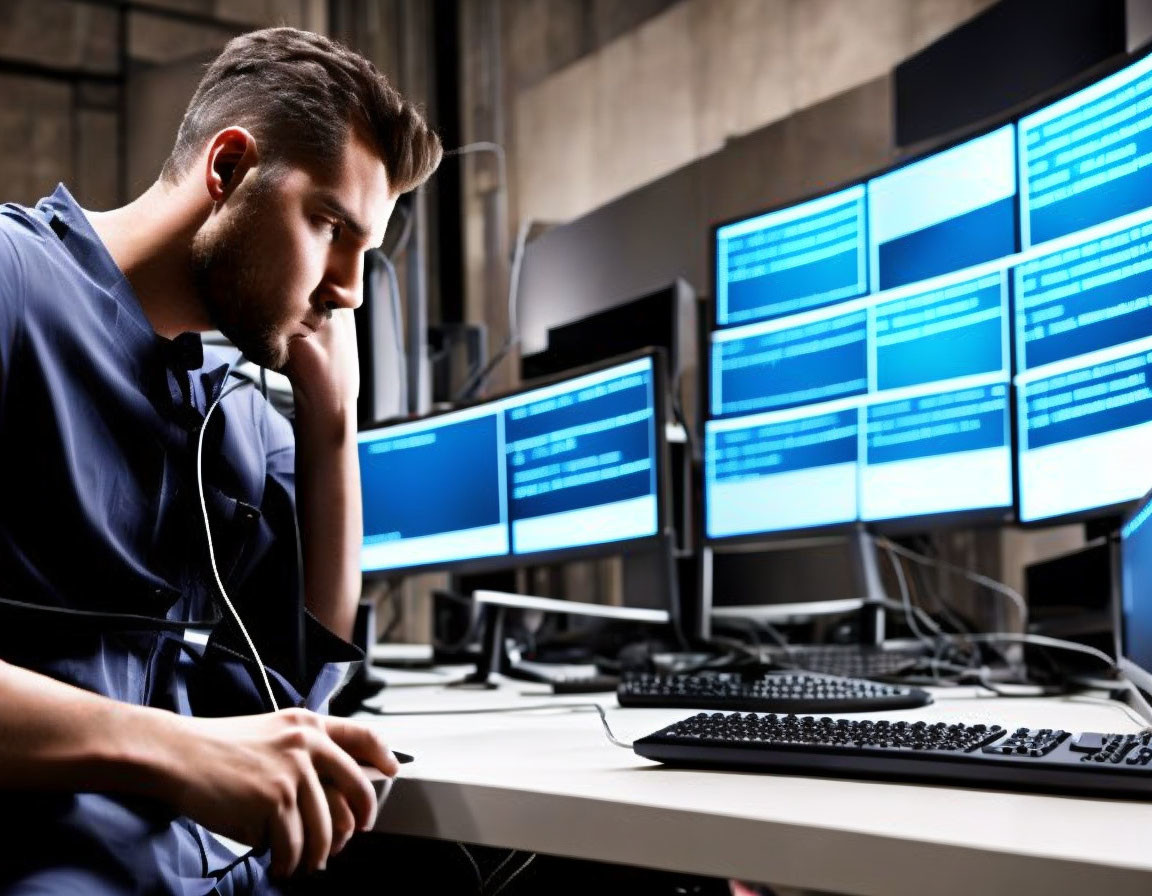 Man analyzing data on multiple computer monitors in dark office setting