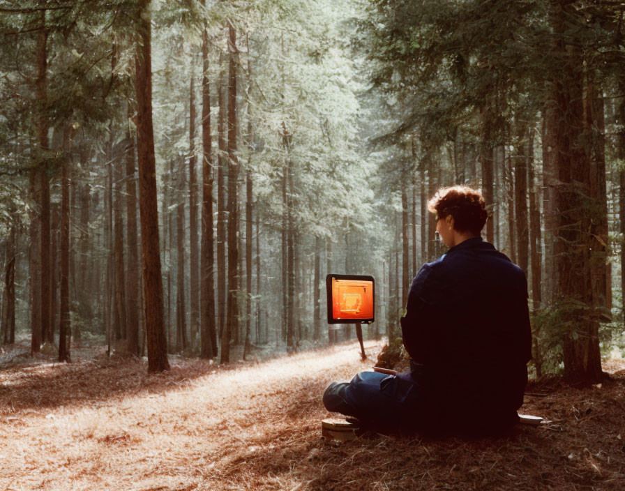 Person in sunlit forest gazes at old TV