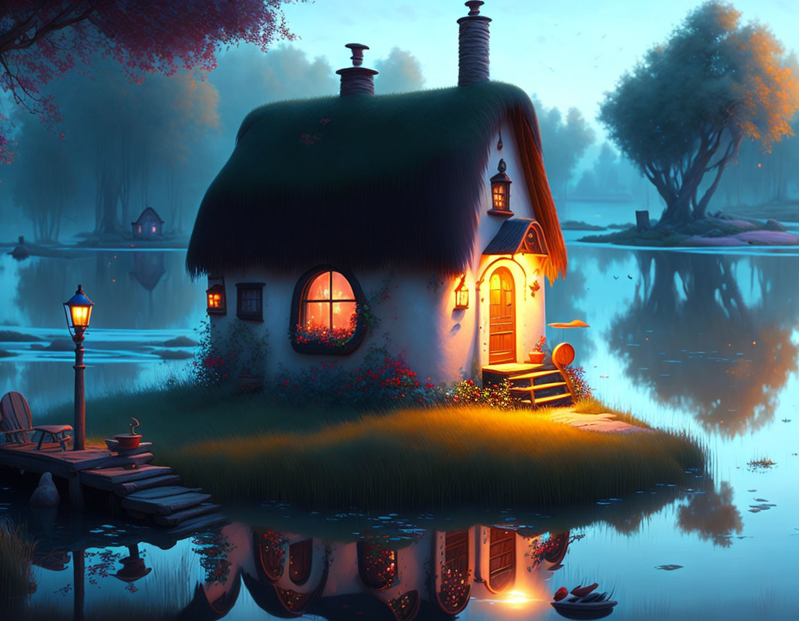 Quaint thatched cottage by serene lake at dusk