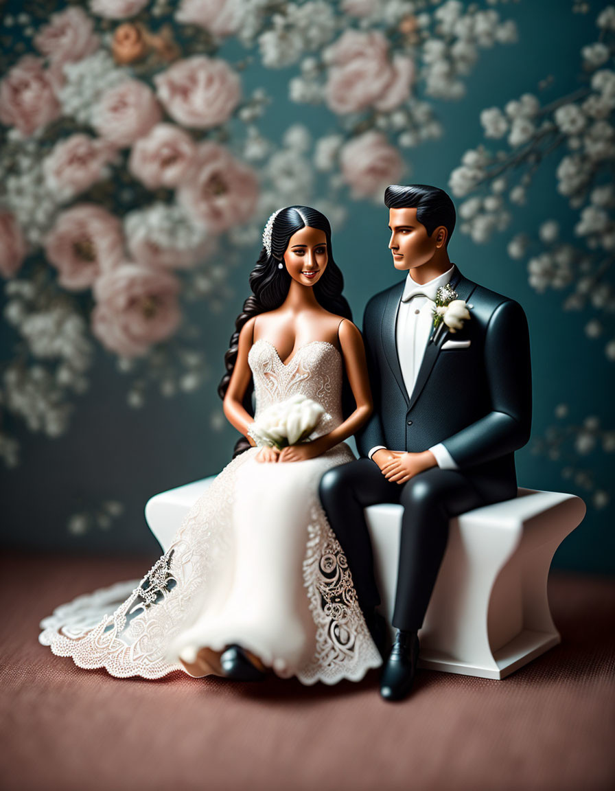 Bride and Groom Wedding Figurines in Lace Dress and Tuxedo with Floral Background