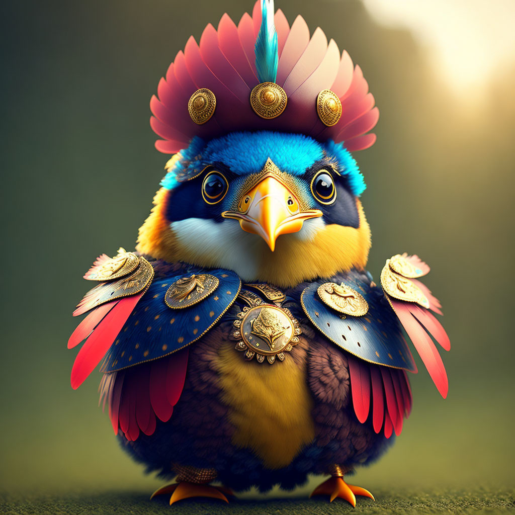 Colorful Stylized Bird with Feather Crown and Chest Armor on Soft Backlit Background