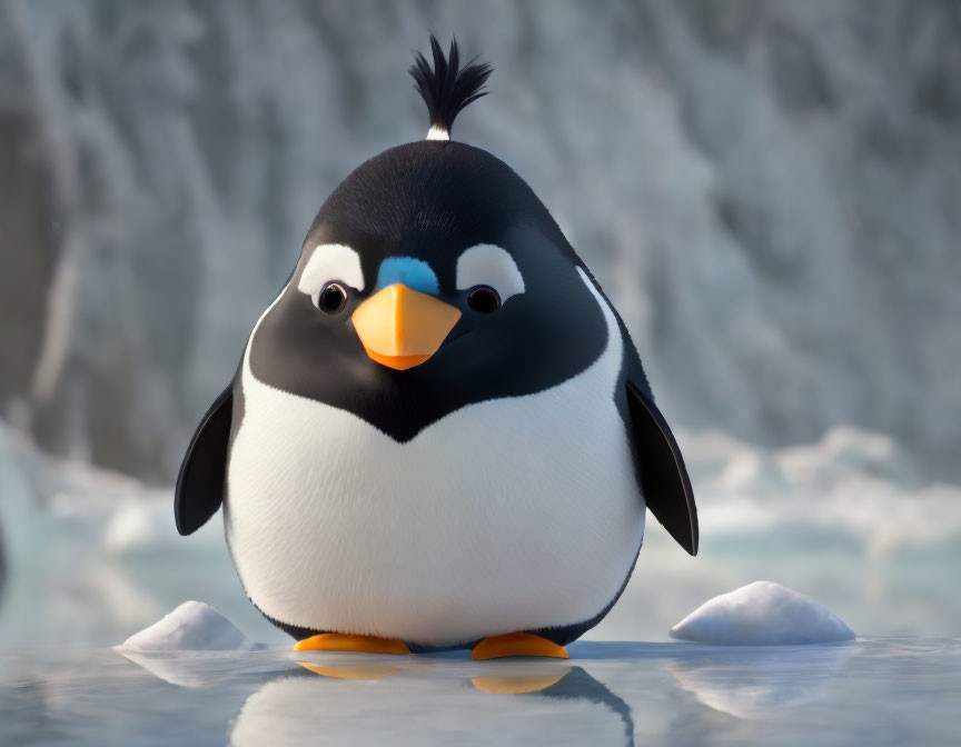 3D animated penguin on ice with snowy background