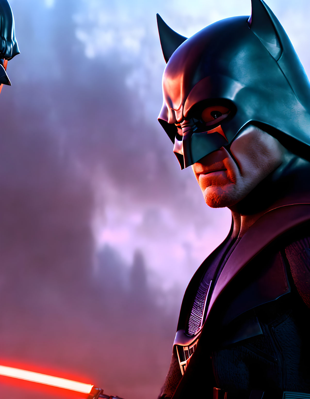 Brooding superhero in cowl confronts foe at dusk