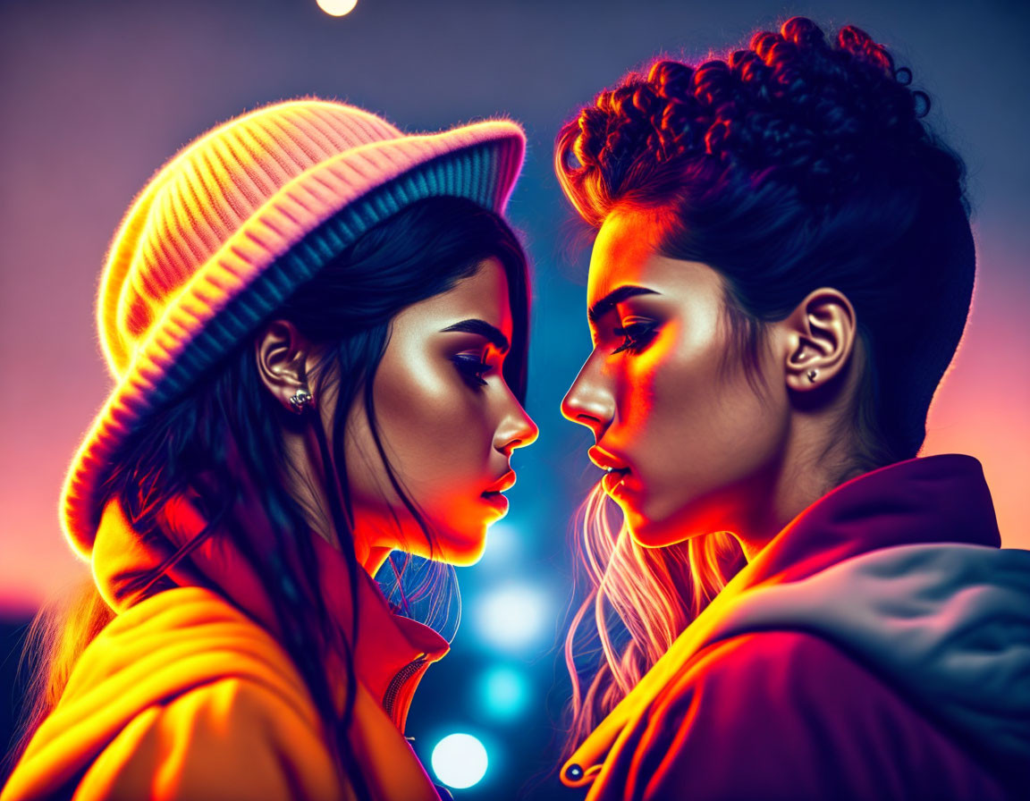 Two women in stylish clothing against neon-lit background with vivid colors.