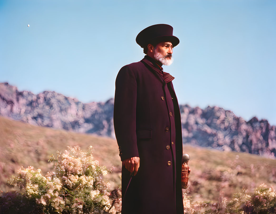 Vintage Outdoors Portrait: Person in Long Coat & Top Hat with Cane