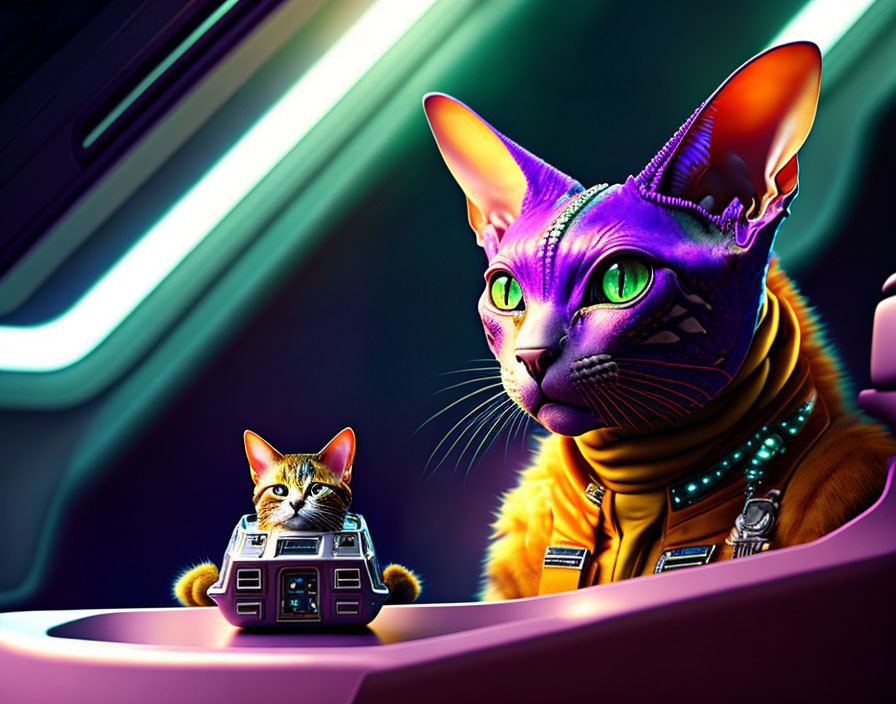 Stylized cats in astronaut attire inside futuristic spacecraft cockpit