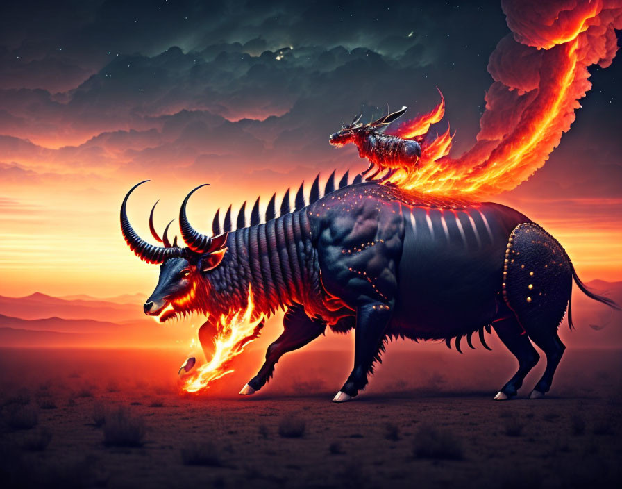 Fantasy illustration: Fire-breathing creatures with horns in dramatic sunset.