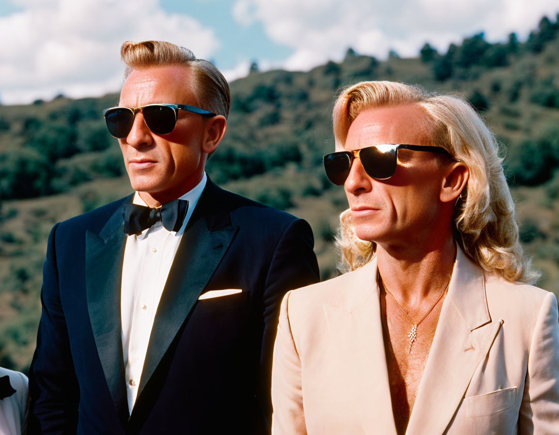 Stylish men in black tuxedo and cream suit with sunglasses outdoors