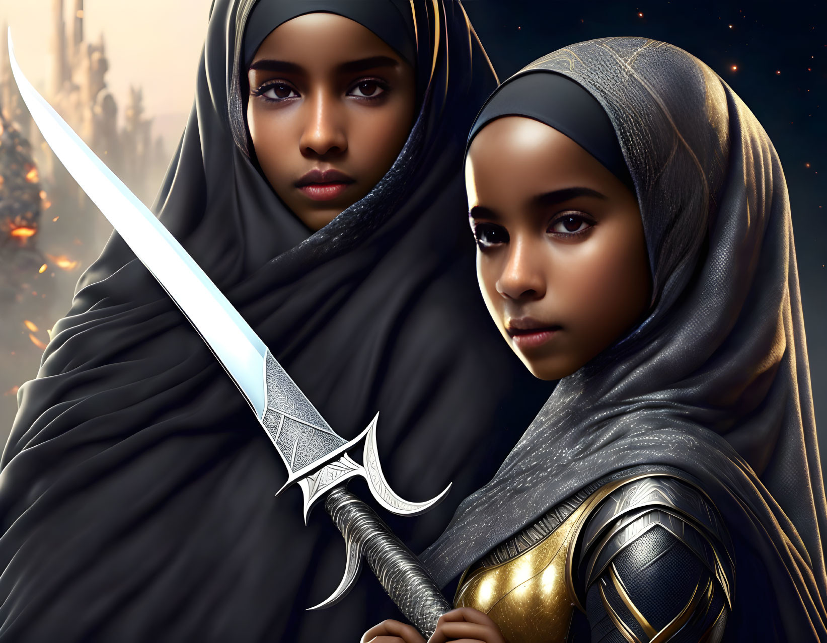 Two girls in headscarves with futuristic sword, starry sky, and tower.