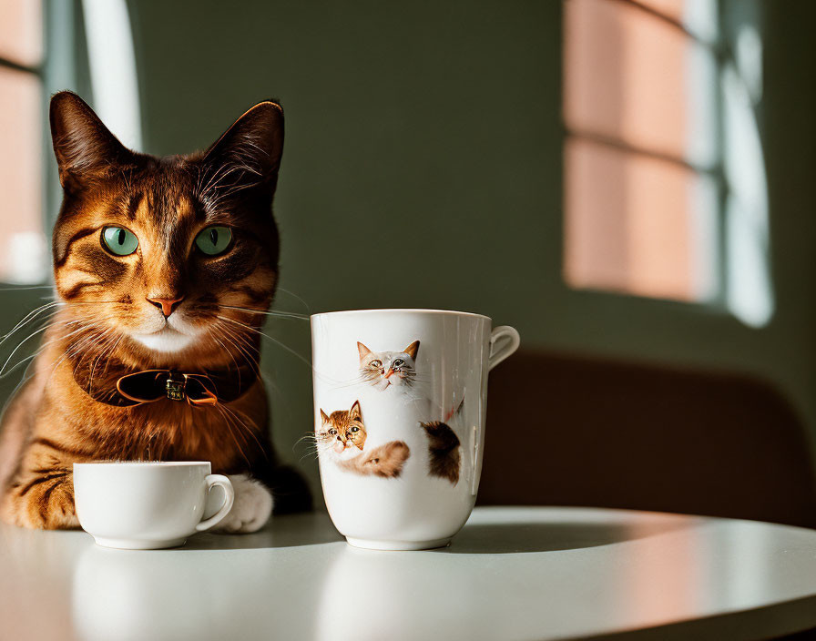 Brown Tabby Cat with Green Eyes Beside White Mug and Miniature Cup on Table