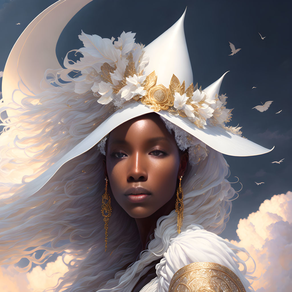 Ethereal woman in wide-brimmed hat with gold and white flowers, golden earrings, surrounded