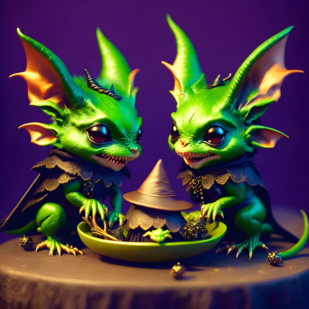 Fantastical green dragon-like creatures with wings and wizard hat beside a bowl