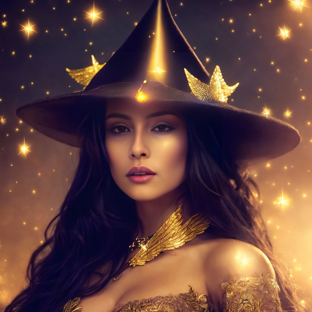 Mystical woman in starry witch hat with golden accessories on dark background