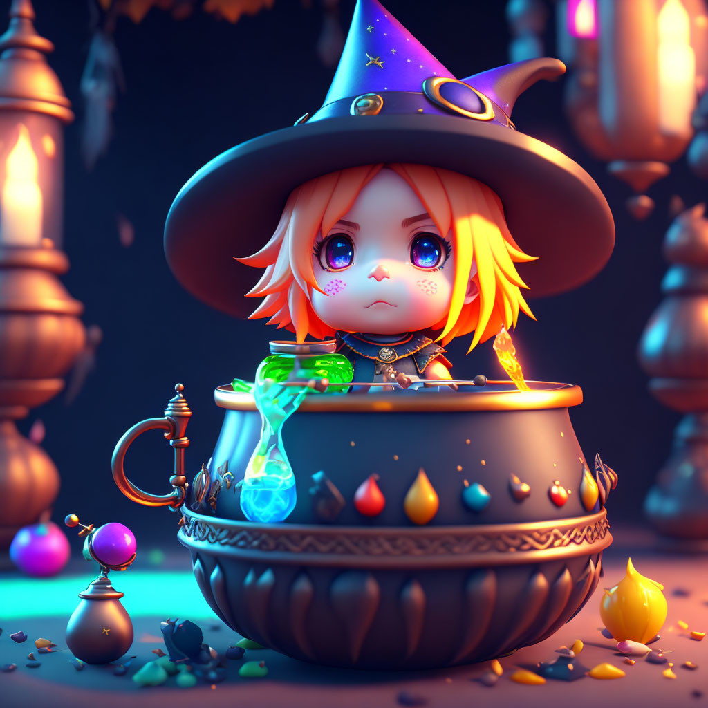 Stylized animated witch character in cauldron with colorful potions