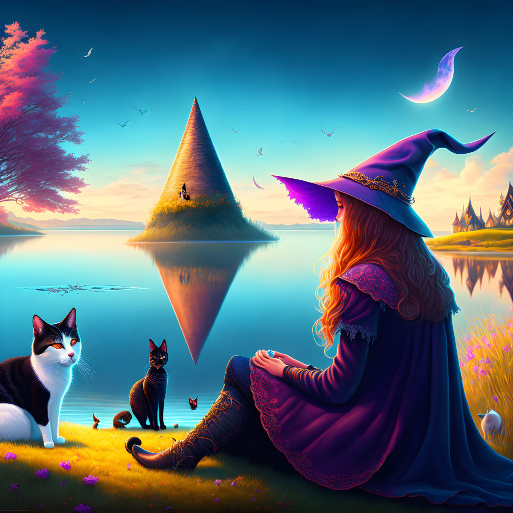 Fantasy artwork: Woman in purple cloak by lake with two cats