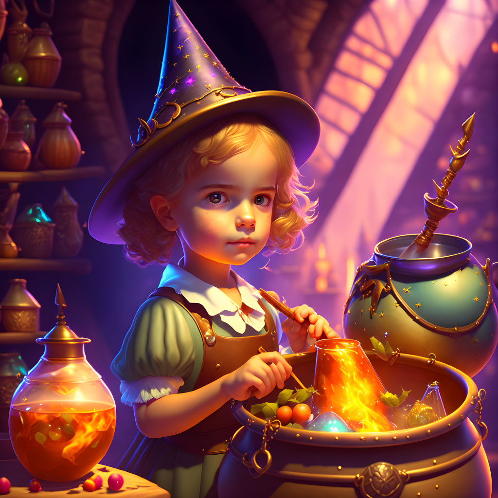 Child in wizard hat stirring glowing potion in whimsical workshop