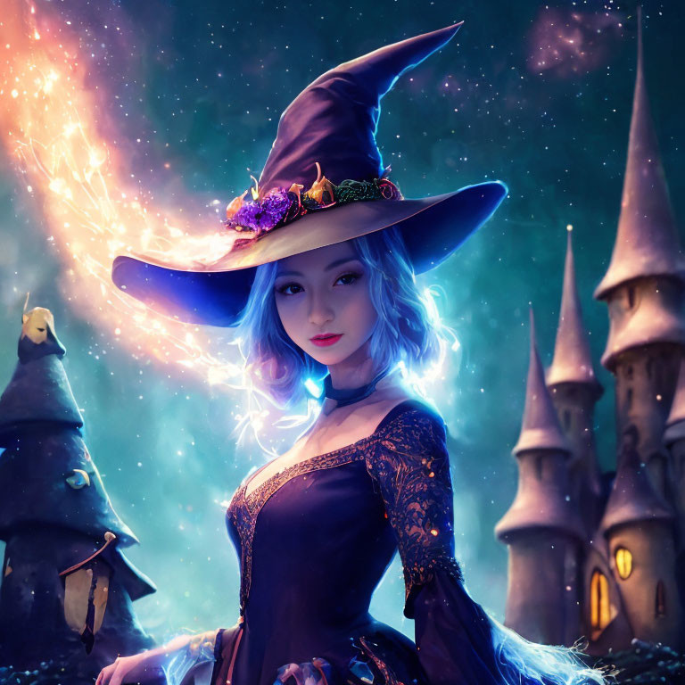 Blue-haired witch casting spell in front of enchanted castles and starry night sky