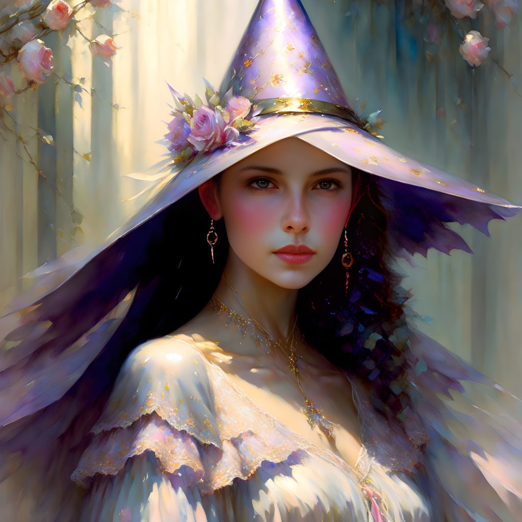 Portrait of woman with striking eyes in purple hat and elegant attire