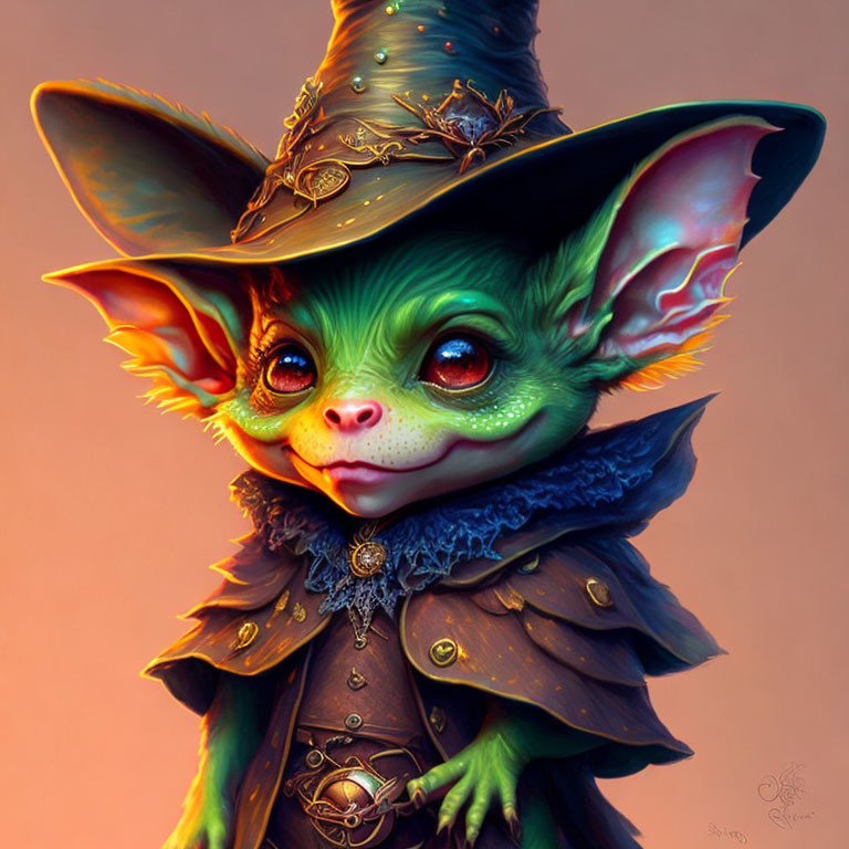 Whimsical creature with large ears and green skin in witch's attire