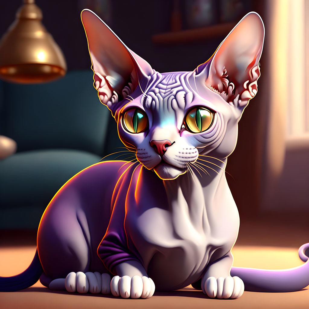 Detailed digital illustration of a Sphynx cat with striking eyes and intricate skin patterns sitting indoors.