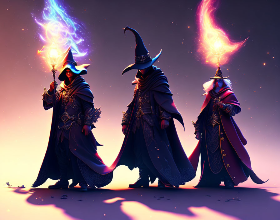 Three wizards in ornate robes casting colorful magic against twilight