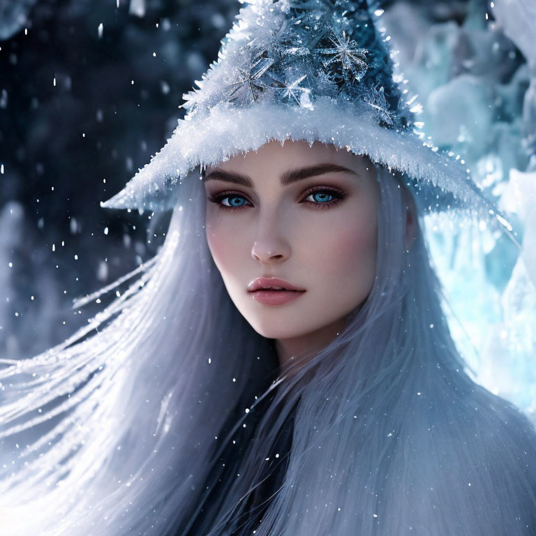 Woman with Blue Eyes, Snowy Hat, and Winter Scene