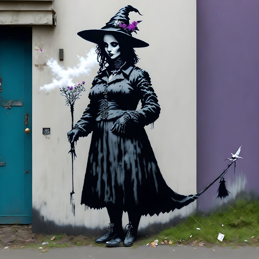 Colorful street art features witch with flowery hat, key, bird, and blue door.