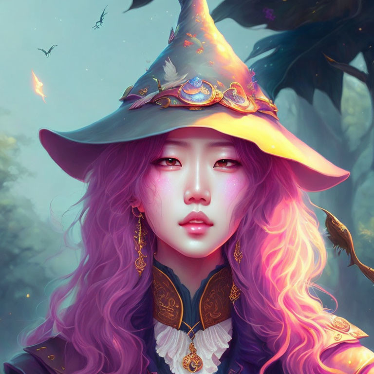 Purple-haired female character with ornate hat in misty forest illustration