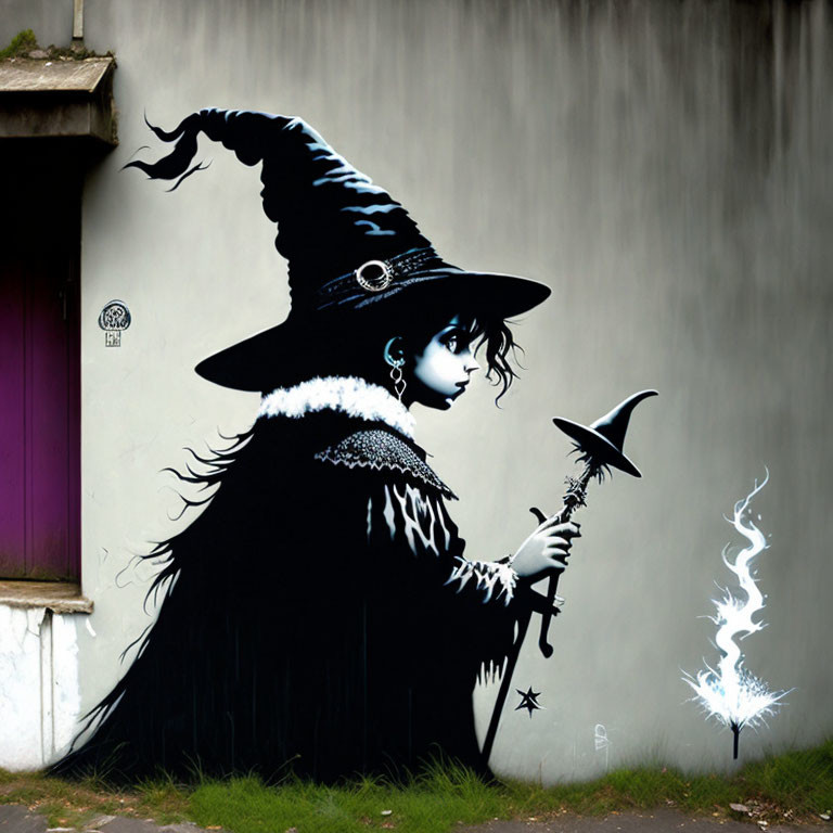 Monochrome street art mural featuring young witch with sparkling wand