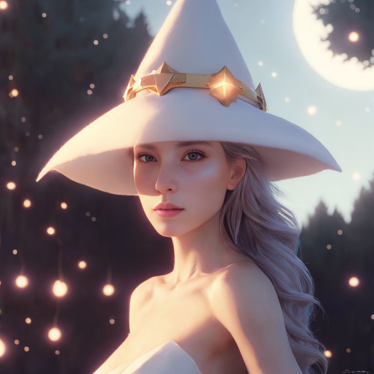 Silver-haired woman in starry witch hat against moonlit forest backdrop