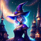 Blue-haired witch casting spell in front of enchanted castles and starry night sky