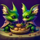 Fantastical green dragon-like creatures with wings and wizard hat beside a bowl