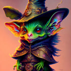 Whimsical creature with large ears and green skin in witch's attire