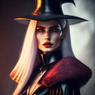 Woman with white hair in witch's hat and dark cloak with fur collar exudes mystical vibe