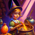 Child in wizard hat stirring glowing potion in whimsical workshop