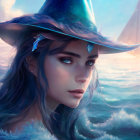 Woman with Blue Hat and Striking Eyes by Ocean Waves