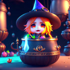 Stylized animated witch character in cauldron with colorful potions