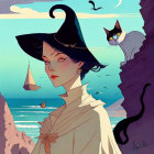 Illustrated woman in witch's hat with stylized cats against serene sea and floating islands