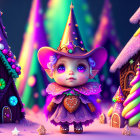 Colorful whimsical character in sparkly cape and pointy hat in fantastical land