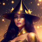 Mystical woman in starry witch hat with golden accessories on dark background