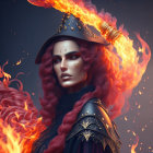 Woman in witch's hat with dark makeup in front of fiery backdrop