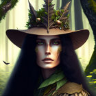 Portrait of a Woman with Blue Eyes and Pine Cone Hat in Forest