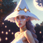 Silver-haired woman in starry witch hat against moonlit forest backdrop