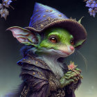 Whimsical creature with large ears and wizard hat on green skin