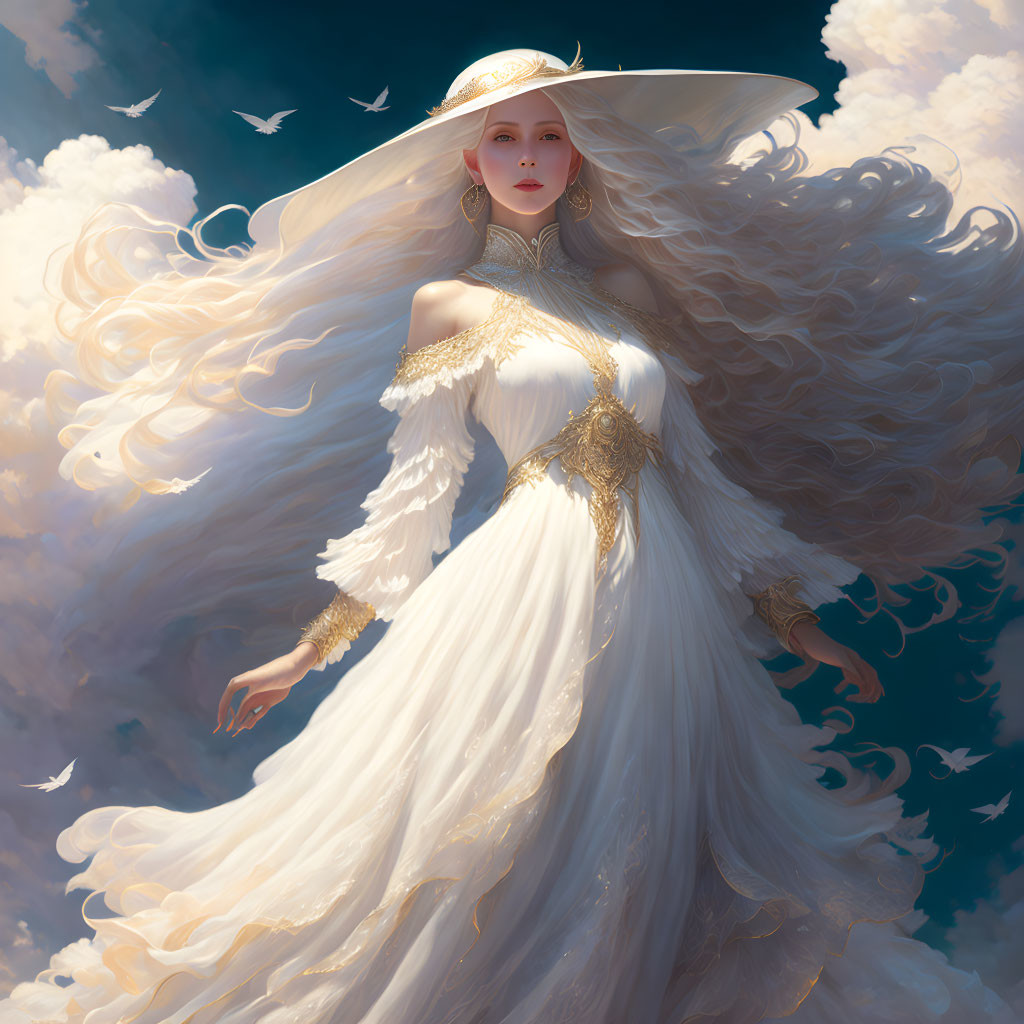 Ethereal woman in white gown with gold accents among clouds and birds